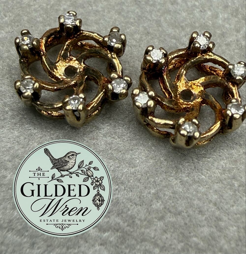 10K Gold Diamond Earring Jackets Vintage Swirl Enhancers 12 Genuine Diamonds